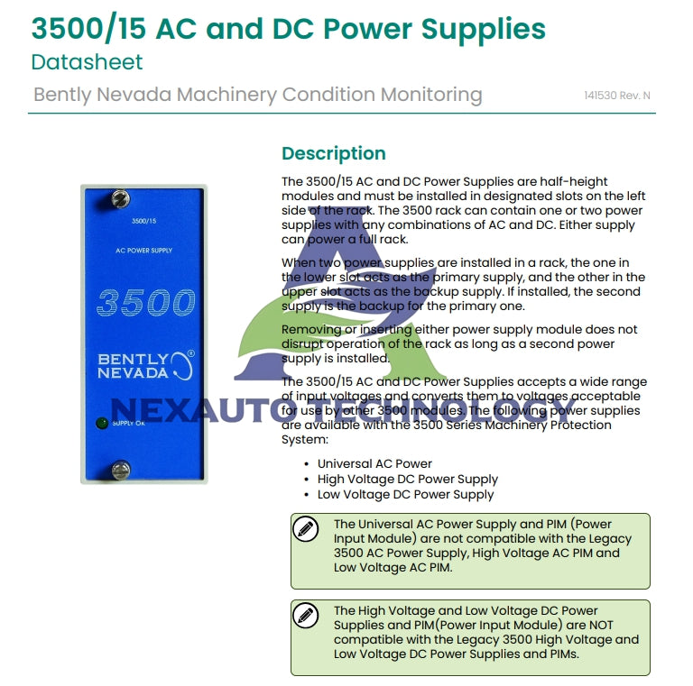 Bently Nevada 3500/15 Power Supply: Detailed Specifications and Operational Insights