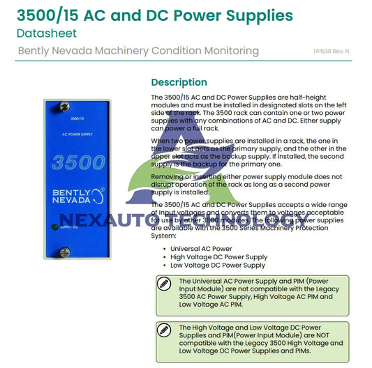 Bently Nevada 3500/15 Power Supply: Detailed Specifications and Operational Insights